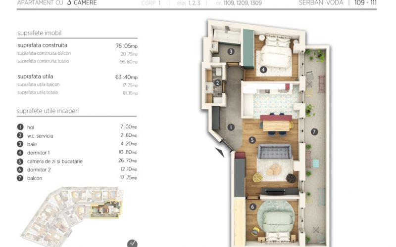 Plan 2d Apartament 3 camere Serban Voda 111 Residence