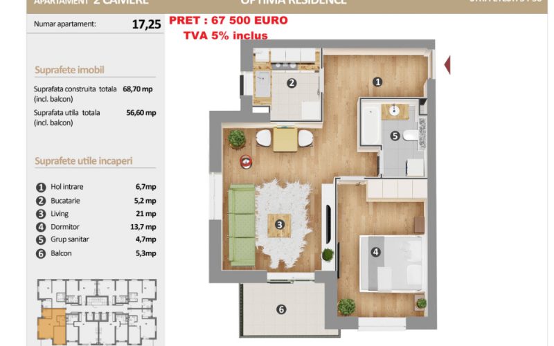 Apartament cu 2 camere Optima Residence
