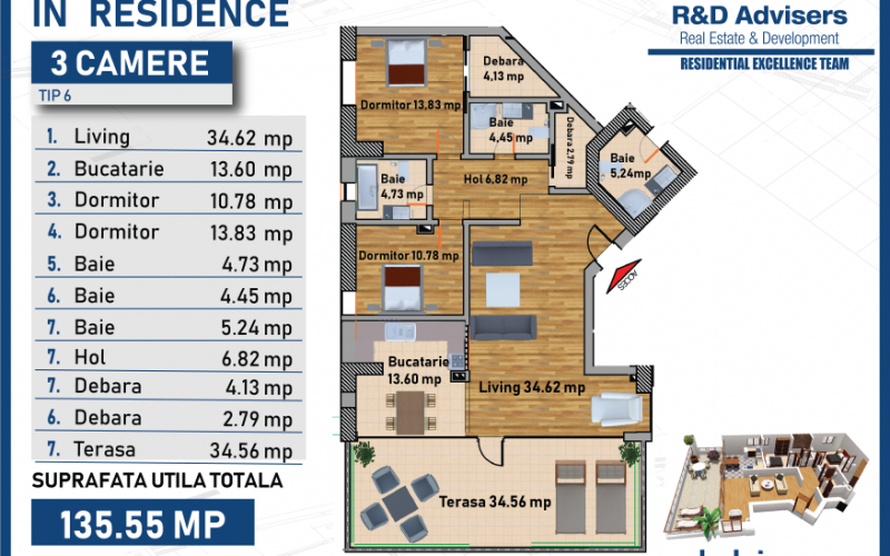 Apartament cu 3 camere tip 6 In Residence